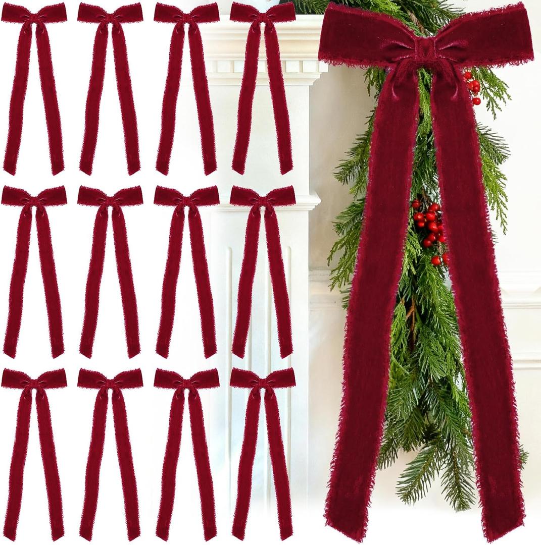 30 Pcs Burgundy Large Velvet Christmas Bows 4.7" x 11" Big Pre Tied Handmade Fringe Velvet Ribbon Bows 1" Wide Rustic Crafts Gift-Bows with Twist Tie for Gift Wrapping Christmas Decor