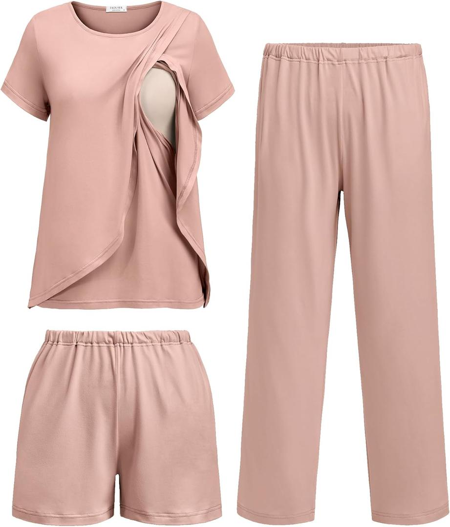 Ekouaer 3 PCS Maternity Nursing Pajamas Set Postpartum Breastfeeding Short Sleeve Shirts, Pregnancy Shorts & Pants Pjs, Medium, Pink