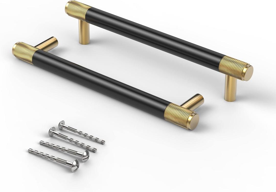 Bar Cabinet Handle Knob Pull Brushed Satin Gold/Knurled Brass Finish with Electroplated Matte Black 7.3" (6.3" Hole Center) for Kitchen Cabinet Hardware/Dresser Drawer Handles 10 Pack