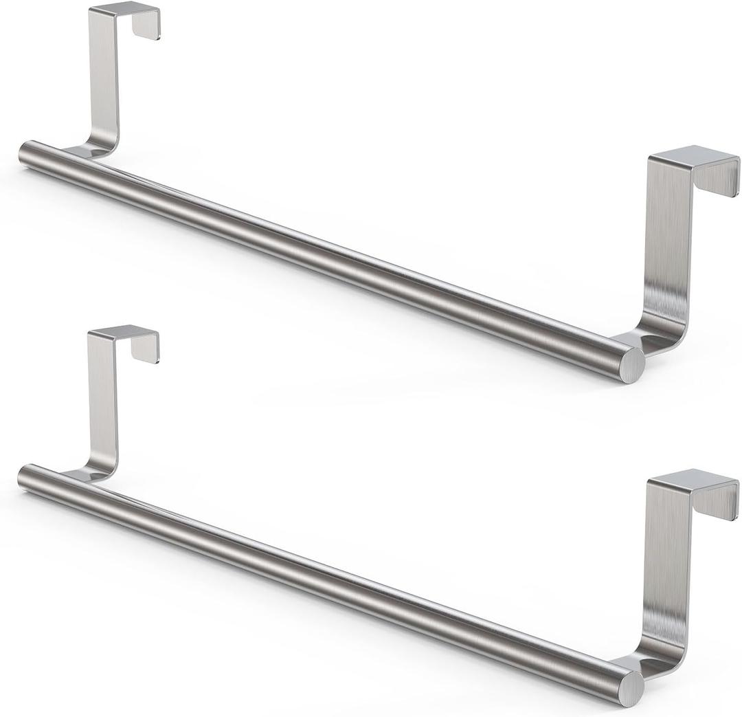 Over-Cabinet Door Towel Rack, 14-inch Extra-Wide Stainless Steel Bar for Kitchen & Bathroom Cabinets (NOT for Room Doors), Fits Cabinet/Wardrobe Doors up to 0.8", 2 Pack, Sliver
