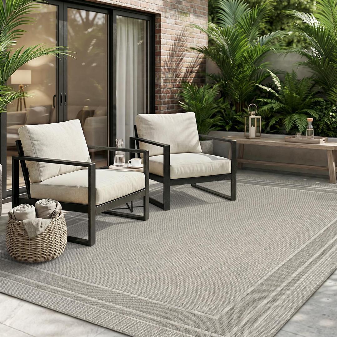 MontVoo-Outdoor Rug-Patio Rug 6x9 ft Polypropylene Indoor Outdoor Rugs Outdoor Carpet for Patio Deck Balcony Porch, Textured Weave, Durable for High Traffic, Fade-Resistant, Modern Silver Grey