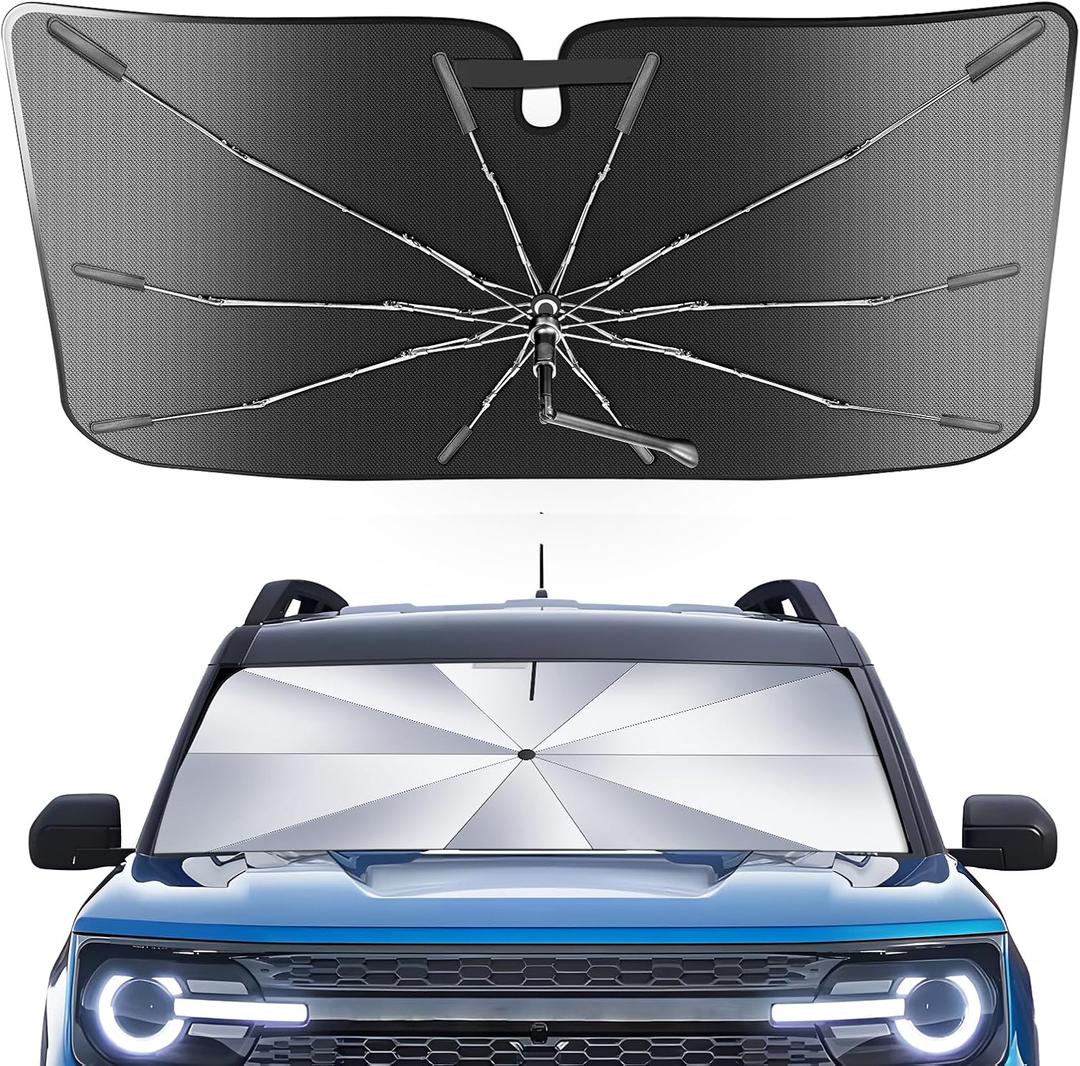 Portable Ford Bronco Sport 2021-2025 2026 Windshield Sunshade Umbrella with Carry Bag, 2 in1 Ice Crystal Durable Compact Shade Umbrella UPF50+ UV Front Window Insulation Protection Outdoor Camping