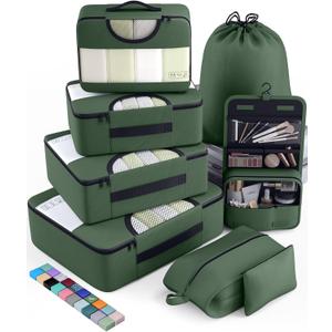 2 x Veken 8 Set Packing Cubes for Travel Essentials, Suitcase Organizer Bags in 4 Sizes, Carry-On Luggage Accessories with Large Laundry & Hanging Toiletry Bag, Must-Have for Airplane, Road Trip & Camping (09-Olive Green)