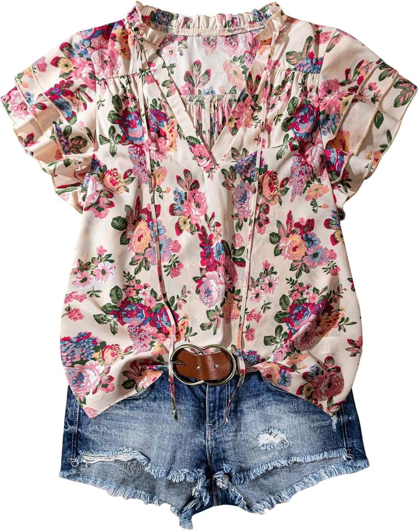 SOLY HUX Women's Plus Size Floral Blouse V Neck Ruffle Short Sleeve Vacation Summer Boho Tops (XL)
