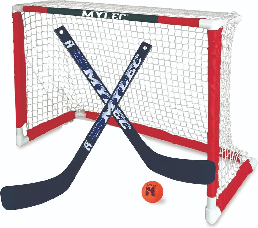 Mylec MINI Hockey Set - 1 x MINI PVC Hockey Goal (30.5" x 23"), 2 x Plastic MINI Player Sticks (Left and Right), 1 x Hockey Foam Ball, Lightweight, Sleeve Netting System (Red, 3 Pounds)