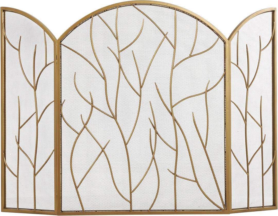 Deco 79 Metal Tree Arched 3 Panel Fireplace Screen with Branch Inspired Design, 25" x 12" x 31", Gold