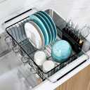 Over the Sink Expandable Dish Drainer Drying Rack In Stainless Steel for Small Kitchen, Counter Space Saving Modern Compact Metal Above Plate Dryer Strainer, Adjustable Hanging Inside Drain Holder