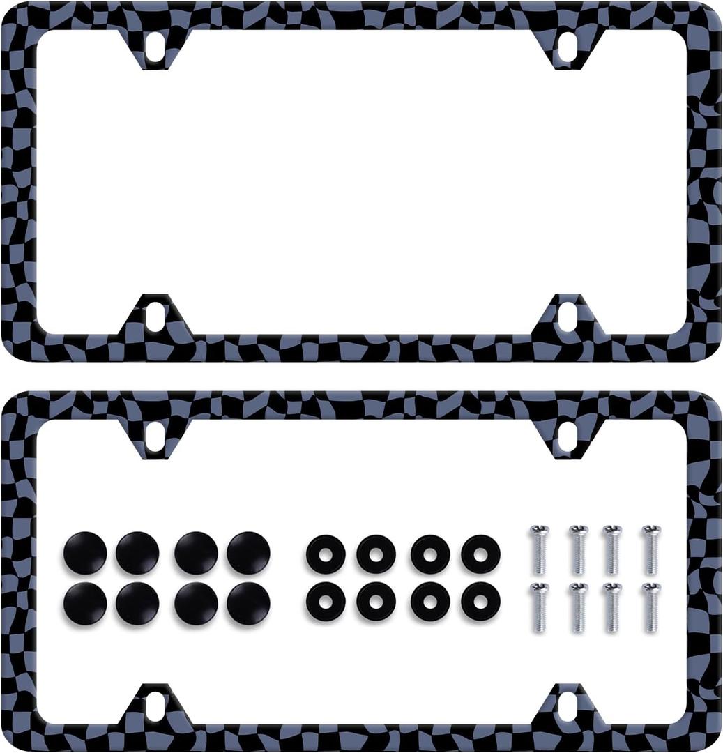 2pcs Blue and Black Checkerboard License Plate Frame Colorful Checkered License Plate Holders Stainless Steel Auto Accessory Bracket Holes Screws Universal Us Car License Plate Frames 6.2 x 12.2 Inch