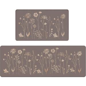 Rempry Floral Kitchen Mats for Floor, Non Slip Kitchen Rugs and Mat Set of 2, Waterproof Cushioned Anti Fatigue Kitchen Mat, 17"x47"+17"x29", Brown