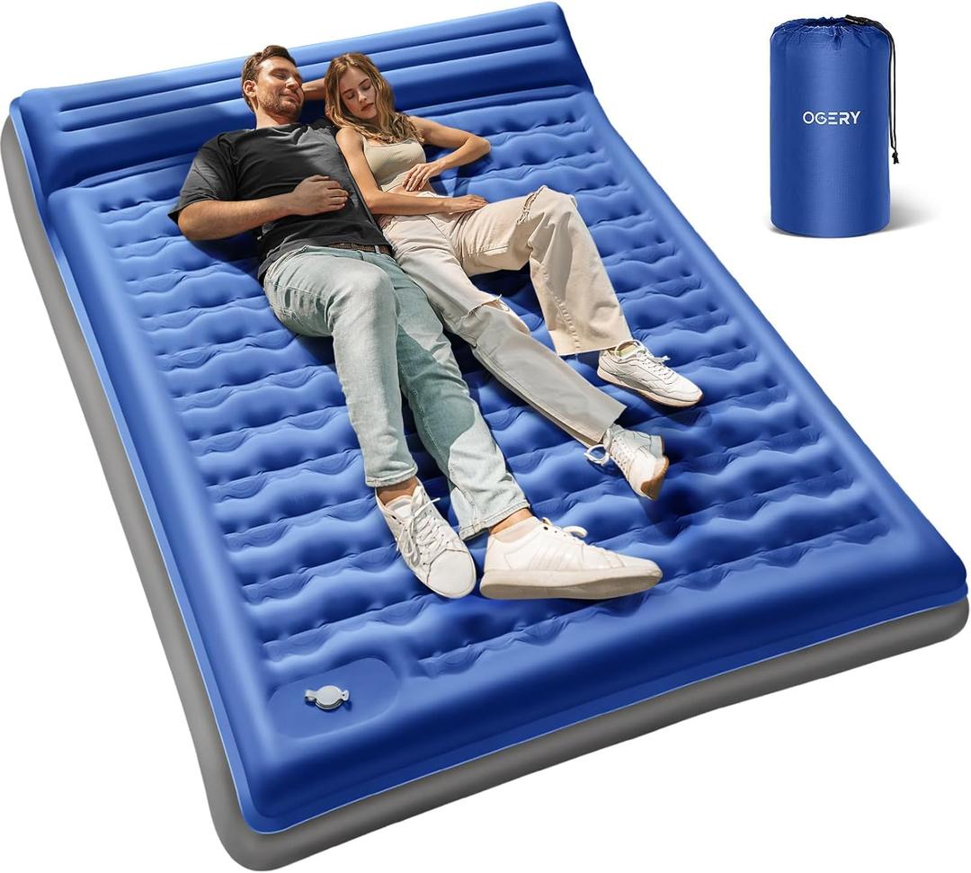 OGERY Sleeping Pad for Camping, 6" Extra-Thick Reinforced Camping Sleeping Pad with Pillows & Built-in Foot Pump, Ultralight Self Inflating Air Mattress Mat for Tent Hiking Essentials Gear (Full, Blue)
