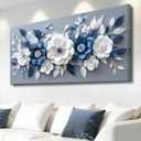 Large Flower canvas wall art Mural Blue and White Flower Abstract Decorative Painting Modern Nordic Plants Flower Poster Printing Living Room Dining Room Bedroom Office Corridor Home Decoration, 20x40 inches