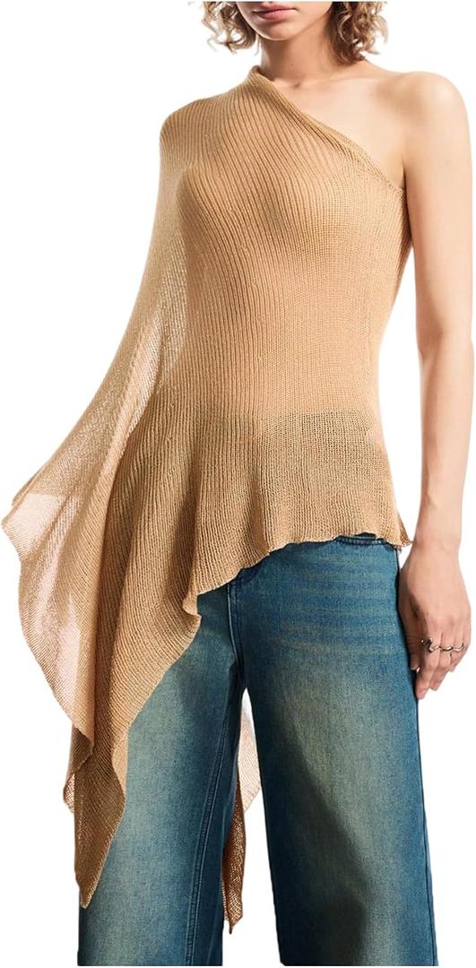 MakeMeChic Ponchos for Women Sheer Poncho Sweater Shawl Wraps Coverup (Beige, S)