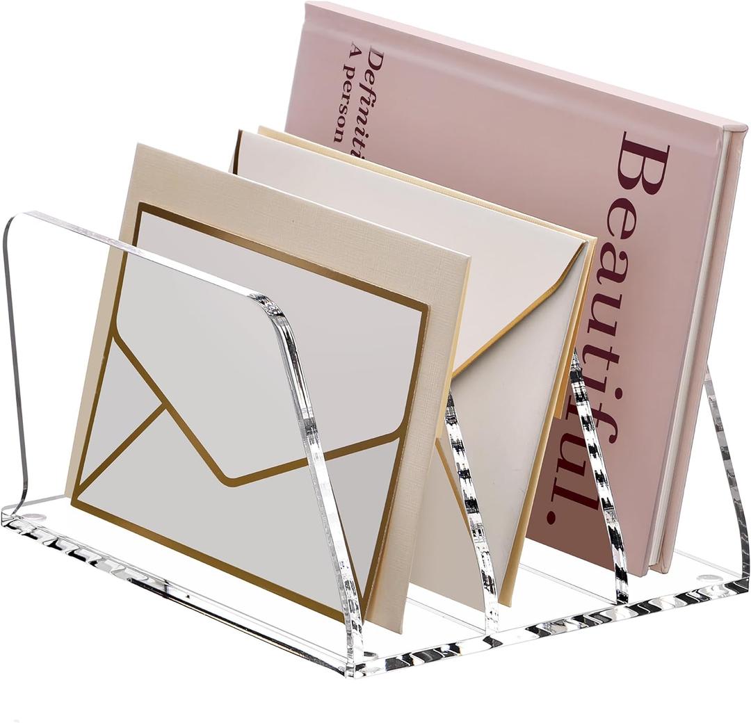 SANRUI Acrylic Mail Organizer for Desk, Clear Desk Organizer with 3 Vertical Slots, Upright Binder Divide for Notebooks, Mails, Books, Office Supplies, Small File Holder for Office,Home, School