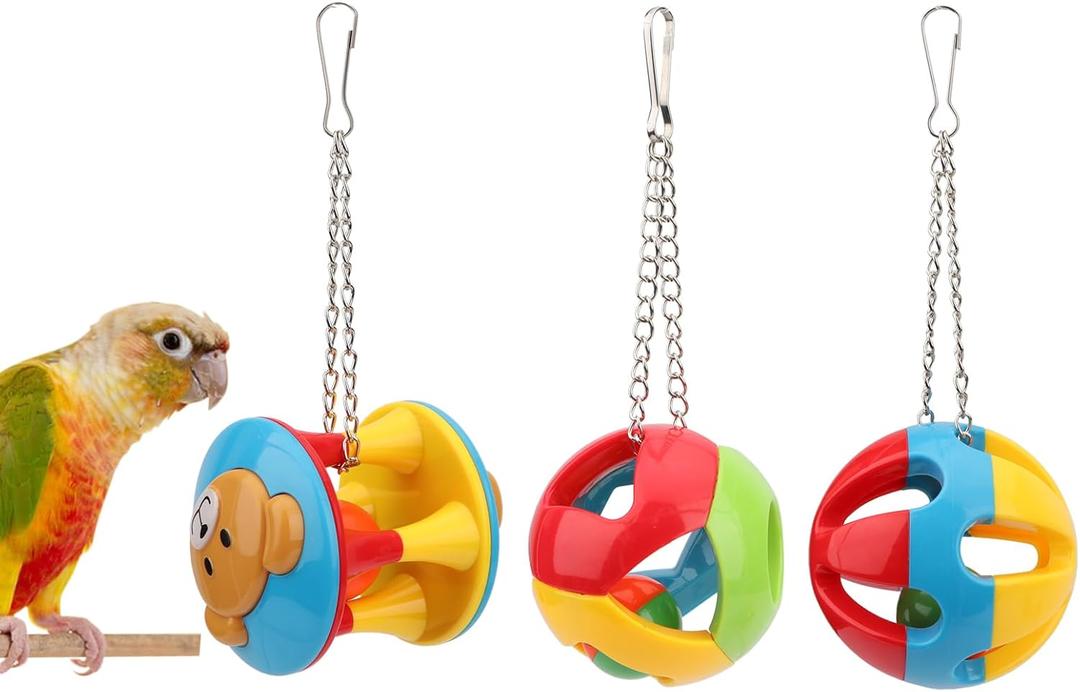 Hypeety Parrot Colorful Ball Toys with Bell Cage Hanging Chewing String for Parakeet Conure Cockatiel Small Medium Birds (A+B+C)