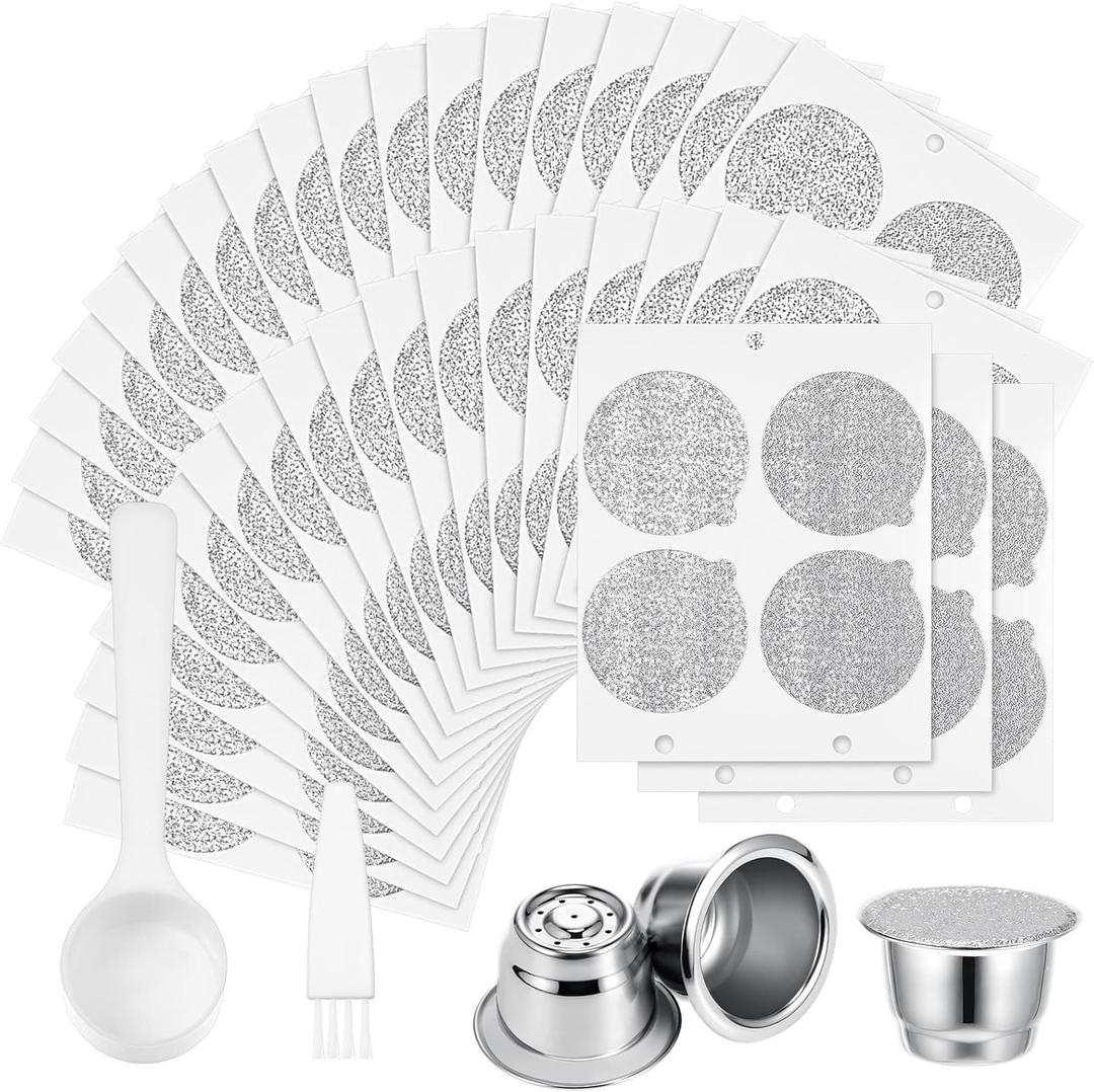 Tanlade 300 Pcs Reusable Espresso Capsules 2 Refillable Coffee Pods Stainless Steel Cups Filters Compatible with Nespresso Original Line Machines with Aluminum Foil Seals Stickers Lids