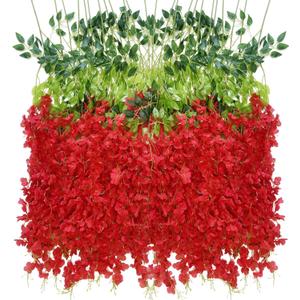 Artificial Wisteria Hanging Flowers Fake Wisteria Flower Garland Silk Vines Rattan Decor for Home Wedding Arch Wall Garden Greenery Bedroom Outdoor Office Party Decoration (36, Red)