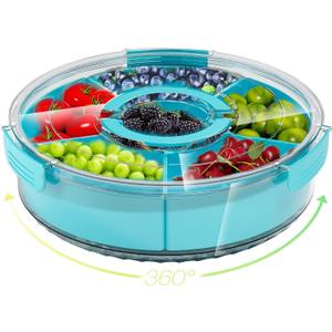 Divided Serving Tray with Lid and Handle,Large Snack Spinner,Snackle Box Container, Multi-purpose Food Platter for Charcuterie Veggie Fruit, Taco Tuesday Movie Night Travel Beach Picnic Essentials (12" W-1pcs-6 Compartments, Blue)