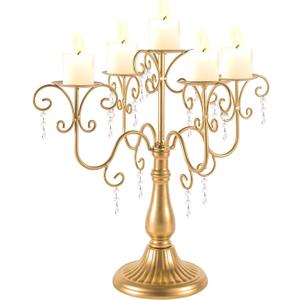 LANLONG 15.3in Gold Candelabra Centerpieces for Tables, 5 Arm Crystal Candelabra for Pillar Candles, Metal Candelabra Candle Holders for Wedding Centerpiece Decor Party Event Reception Decoration