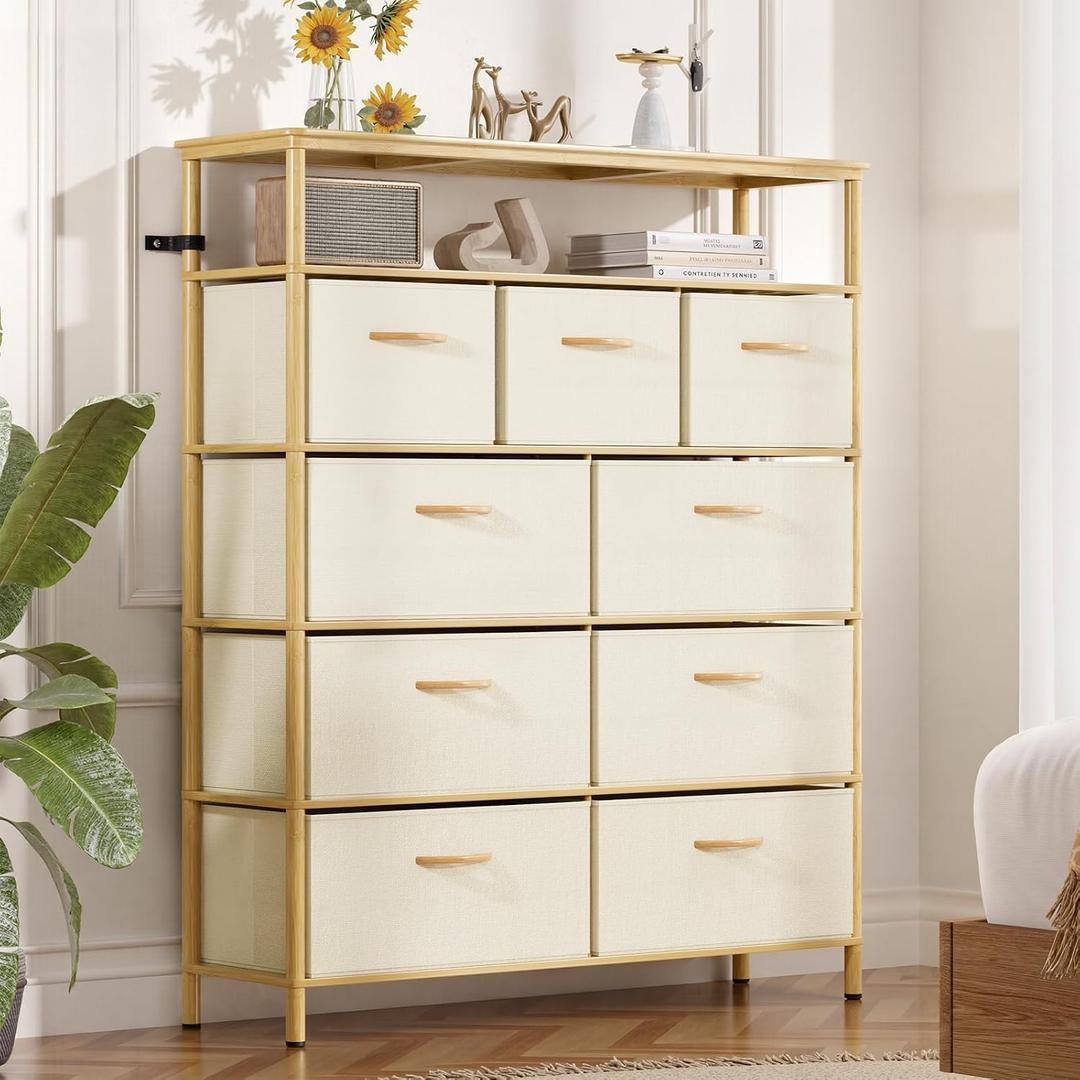 9 Drawer Fabric Dresser, Bamboo Fabric Drawer Dresser, Large Capacity Storage, for Bedroom and Living Room