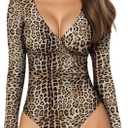 MANGOPOP Women's Cross Wrap Ruched Plunge Neck Deep V Long Sleeve Short Sleeve Bodysuits (Medium)