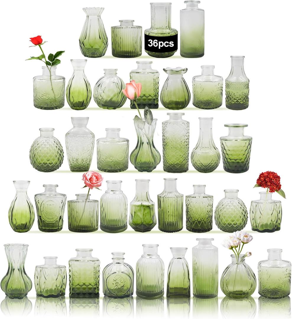 Glass Bud Vases Set of 36PCS, Small Flower Vases for Wedding Centerpiece Table Decoration, Vintage Vase in Bulk for Flower Arrangements, Mini Vase for Birthday Party, Festival Home Decor, Green