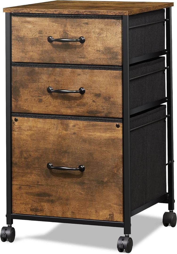 DEVAISE Mobile File Cabinet, Rolling Printer Stand with 3 Drawers, Fabric Vertical Filing Cabinet fits A4 or Letter Size for Home Office, Rustic Brown Wood Grain Print, Large