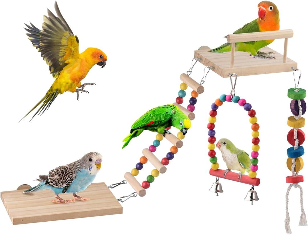 5in1 Bird Parakeet Toys, Detachable Birdie Perches Platform Swing with Climbing Ladder, Parrot Cage Stand Accessories, Wooden Playing Gyms for Conure, Cockatiel, Lovebird Finch, Budgerigar Pigeon