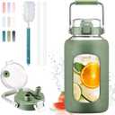 BLUEGO 84oz Water Bottle Glass with Stainless Steel Handle Large Water Bottle with Time Markers and Silicone Sleeve Half Gallon Water Jug BPA Free for Gym Daily Use, Olive