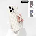NITITOP Compatible with iPhone 15 Pro Case with Wrist Strap Kickstand Cute Trendy Checkerboard Plaid for Women Girls Slim Fit TPU Silicone Shockproof Full Camera Protective Cover - White