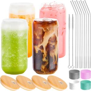 4 Pack Glass Cups Set 16oz Drinking Glasses with Bamboo Lids and Straws Beer Glass Tumbler for Mojito Soda Smoothies Whiskey Iced Coffee Cocktail Tea Juice