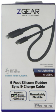 ZGEAR 6 Foot Silicone Rubber Sync& Charge Cable USB-C to 8-pin Cable - Gray