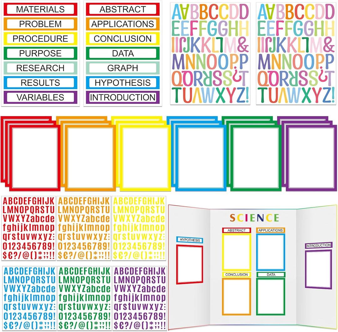 PerKoop 36 Sheets Science Fair Board Poster Boards Supplies 24 Self Adhesive Presentation Subtitles 4 Science Fair Project Titles 8 Personalized Letter Sticker for Classroom
