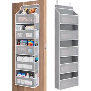 Over The Door Organizer Storage, 8 Shelf Hanging Door Organizer with 5 Large Capacity Pockets, Anti Tilt 44 lb Load Behind Door Storage for Bedroom, Bathroom, Pantry, Nursery, (Grey)