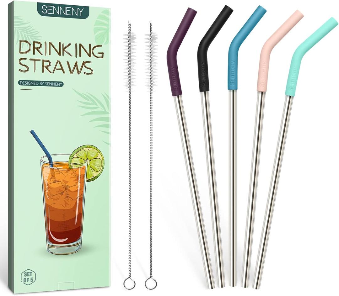 Senneny Set of 5 Stainless Steel Straws with Silicone Flex Tips Elbows Cover, 2 Cleaning Brushes and 1 Portable Bag Included (Silver) 8mm diameter