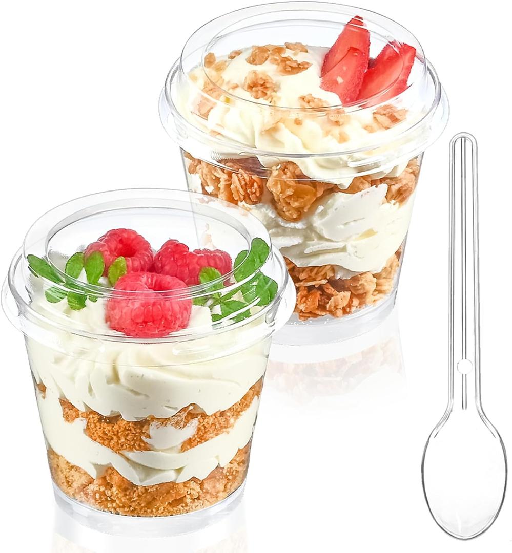 TOFLEN 6 oz Mini Dessert Cups with Lids and Spoons 150 Pcs | Serves 50 | Small Plastic Cake Cups Round Party Serving Cups for Parfait, Appetizers, Mousse, Dessert Shot Glasses