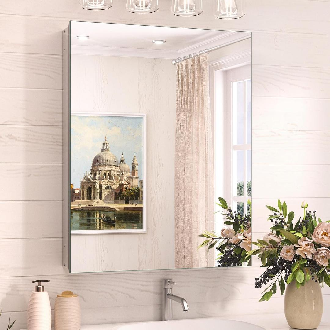 20x26 Medicine Cabinet Mirror with Storage Tempered, Aluminum Surface Mount or Recessed Medicine Cabinet Silver with Adjustable Shelves for Bathroom Vanity Modern Farmhouse