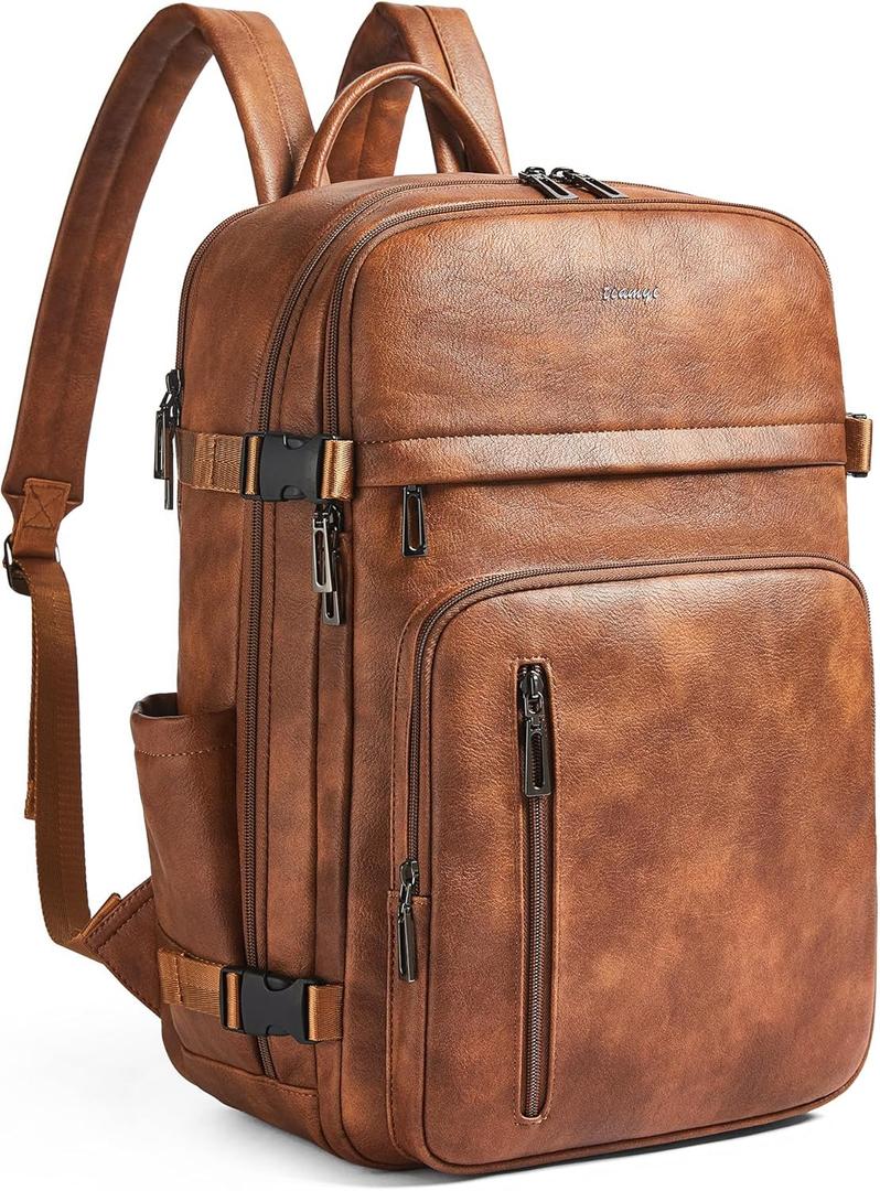 Leather Laptop Backpack for Women, Featuring a 15.6" Padded Laptop Compartment, Water Bottle Pocket and Trolley Sleeve, Ideal for Work, Travel, Everyday Use, and as a Thoughtful Gift (2-1 Brown)