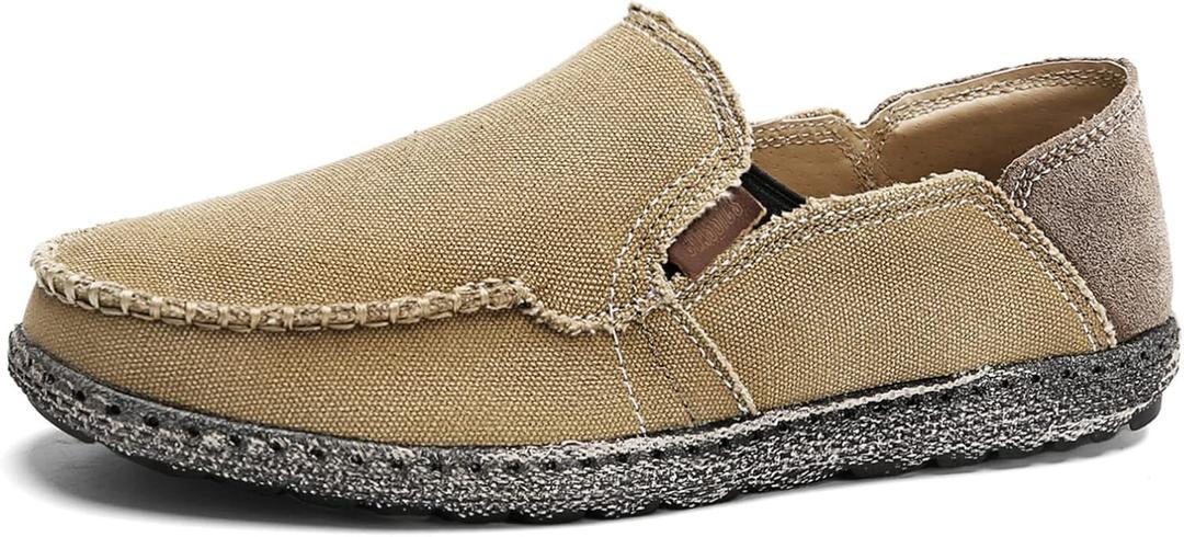 JAMONWU Mens Canvas Shoes Slip on Deck Shoes Casual Cloth Boat Shoes Non Slip Casual Loafer Flat Outdoor Sneakers (12 US, A_Khaki10)