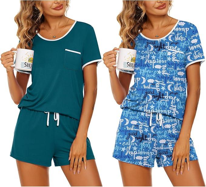 Ekouaer 2 Pack Womens Pajama Sets Lightweight Summer Pajamas Short Sleeve Pj Top with Shorts, Chest Pocket, Sizer: XL