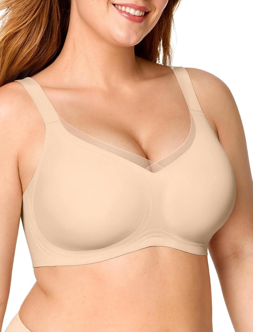 OEAK Womens Wireless Jelly Bras V Mesh Comfortable Bralette Supportive Tshirt Bra No Underwire Seamless Push Up Everyday Bras (Small, Skin)