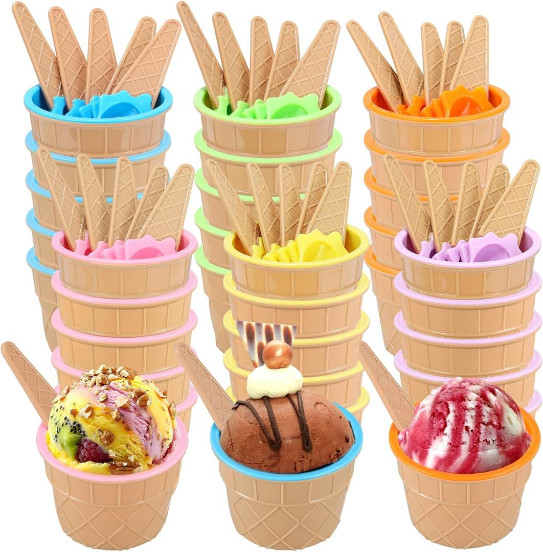 30 Pcs Ice Cream Bowls and Spoons Set Cartoon Candy Color Plastic Ice Cream Cups with Spoons Cartoon Candy Colorice Cream Bowls Set for Dessert, Frozen Yogurt, Gelato, Birthday Party Decorations