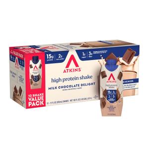 Atkins Milk Chocolate Delight High Protein Shake, 15g Protein, 2g Net Carb, 1g Sugar, Keto Friendly, Chocolate Flavored Protein Shakes, 12 Count, BBD 12/04/2026