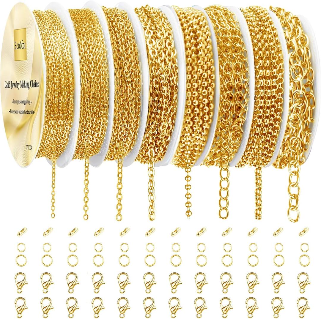 Ecoofor Gold Necklace Chains for Jewelry Making, 62.3 Feet 8 Rolls Jewelry Chains for DIY Necklace Bracelet Jewelry Making with Jump Rings/Lobster Clasps/Connectors