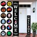 Consevisen Welcome Sign for Front Door Porch Standing, Interchangeable 47 x 7.9 Inch Outdoor Vertical Wooden Welcome Sign with 12 Seasonal Icons for Spring Fall Christmas Easter Farmhouse Home Decor
