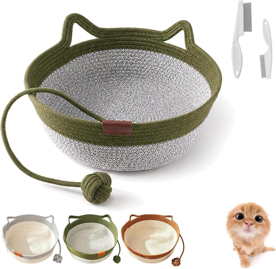 Instinct Basket for Cats, Handwoven Cotton Rope Cat Basket Bed with Toy Ball and Cat Ear Handles, Scratchable Breathable Round Woven Cat Basket for Indoor Cats (Medium,Army Green Basic)