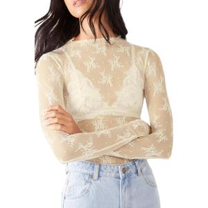 KMBANGI Women's Mesh Lace Long Sleeve Top Mock Neck Sheer Blouse Floral Lace Layering Tops Y2k See Through Tee Shirt (Embroidery Beige), S