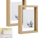 MUYE 5x7 Floating Frame Set of 2,Double Glass Rustic Photo Frame for Wall Hanging or Tabletop Standing,Also Display 4x6 or 3x5 Photo for Floating Effect,Natural