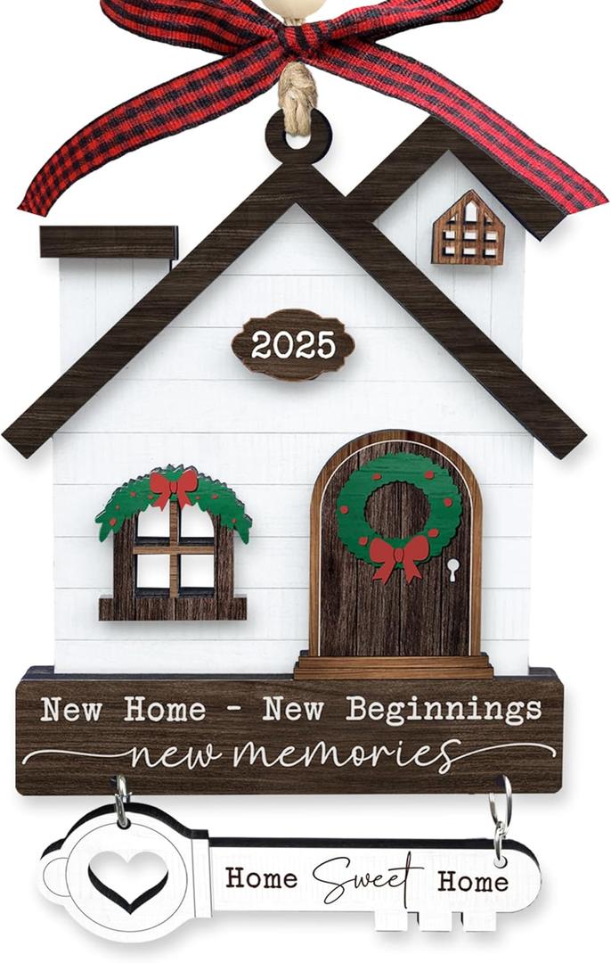 House Warming Gifts New Home Ornament 2025 - Wooden First Christmas in New House Keepsake Gift for Couple, Women, or Families - 3D Wood House & Key Design, Gift Box Included
