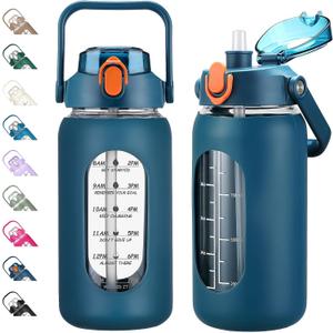 kytffu 42oz Glass Water Bottles with Straw, Motivational Glass Bottle with Silicone Sleeve and Time Marker, Leakproof Large Glass Water Jug for Gym Home Office,Blue