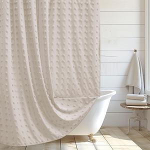 Siiluminisoy Boho Farmhouse Natural Shower Curtain Woven Fabric Shower Curtain, 72 x 72 Tufted Pleat Floral Puffs Textured Modern Farmhouse Minimalist Shower Curtain Set with Hooks for Bathroom